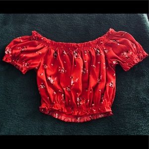 Red floral of the shoulder crop top